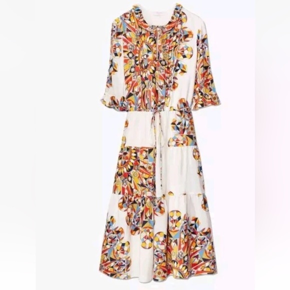 TORY BURCH ARABELLA BOHO BOHEMIAN PEASANT SILK DRESS SWEET TANGERINE EUC FLOWY - Picture 7 of 16